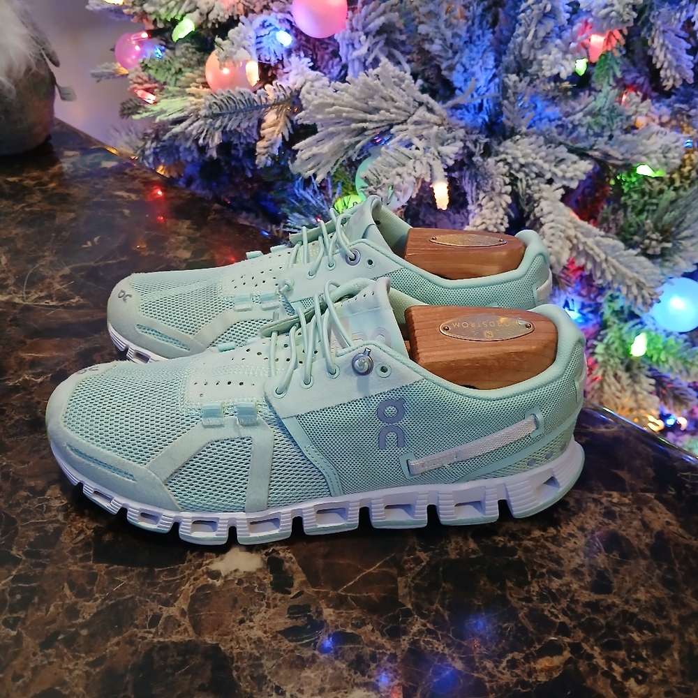 On Running Athletic Shoes in Aqua and White